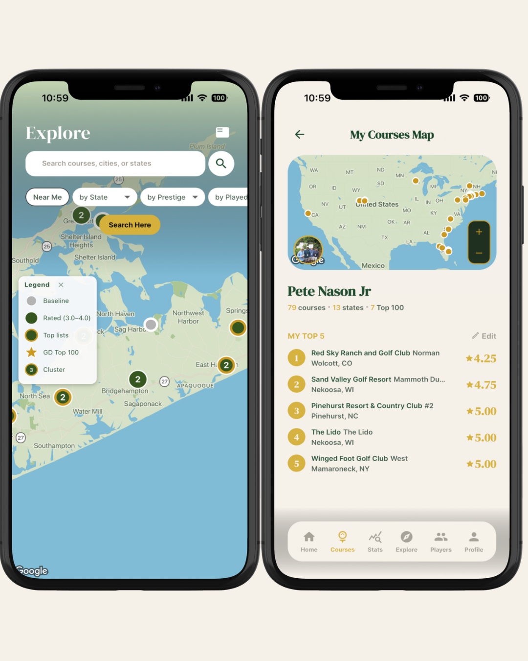 Golfed app Explore map and personal My Courses Map screens showing played courses across the United States with a My Top 5 list