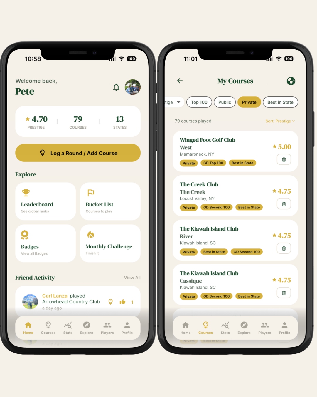 Golfed app home screen with prestige score, course count, and a sortable list of played courses showing Winged Foot, The Creek Club, and Kiawah Island