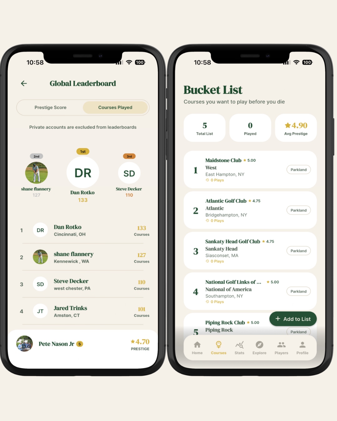 Golfed app Global Leaderboard and Bucket List screens showing player rankings by courses played and saved dream courses