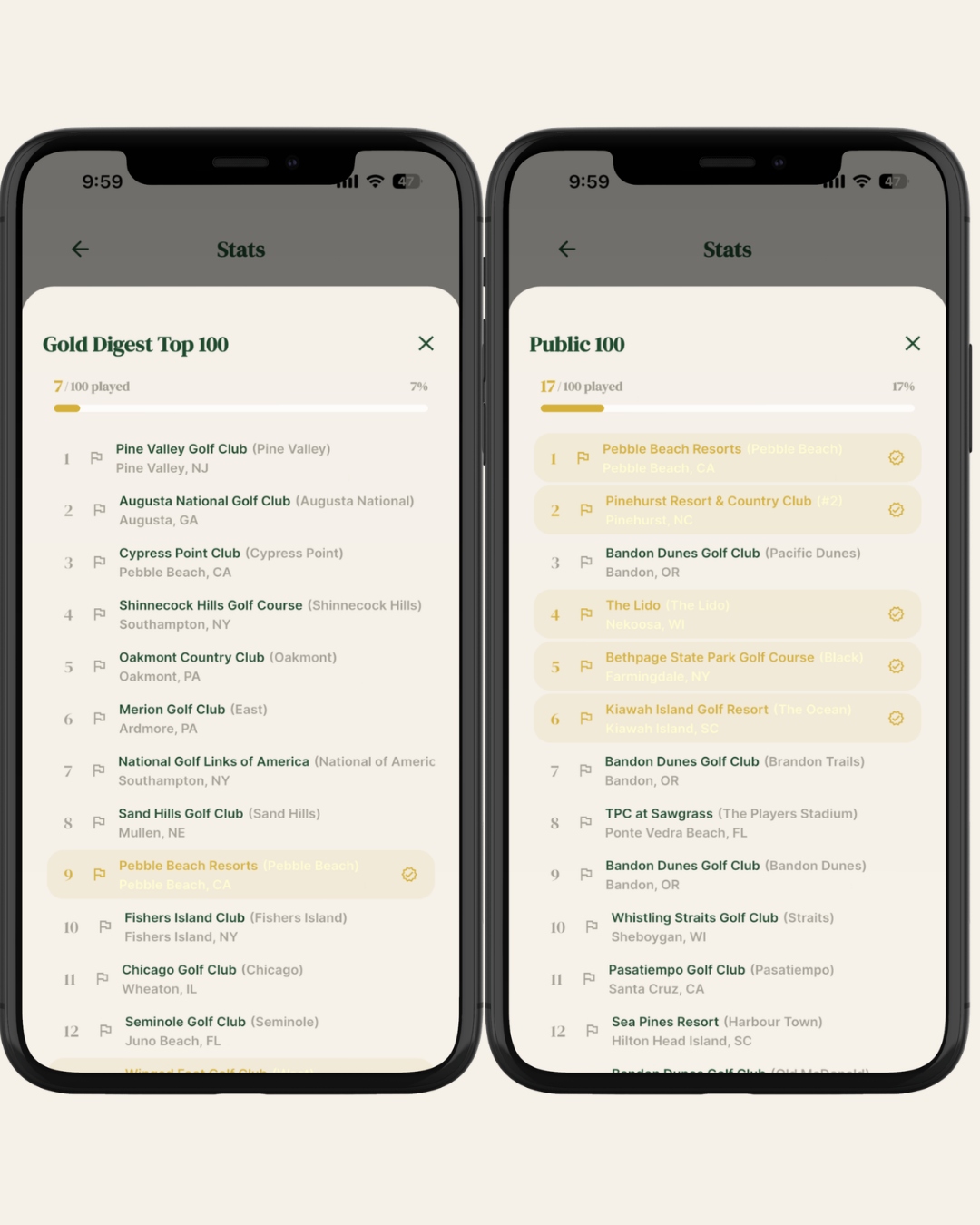 Golfed app Golf Digest Top 100 and Public 100 tracker screens showing played courses checked off with progress bars